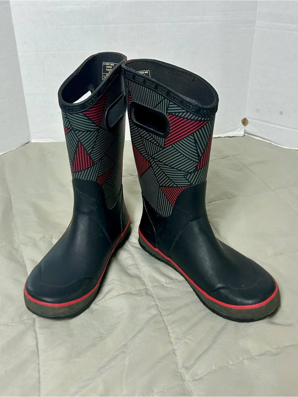 Bogs Kids Black and Red Geometric Rain Boots, Waterproof, Youth Size 5
